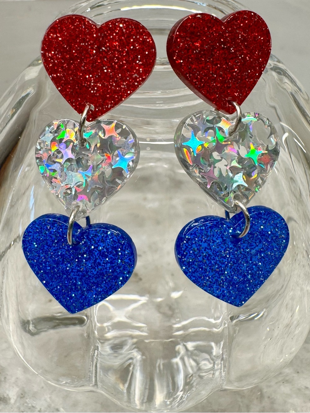 New America Patriotic USA July 4th Glitter Heart Acrylic Dangle Earrings - 1.75”